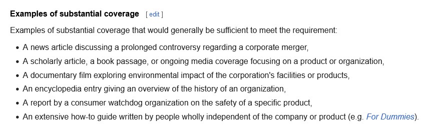 Examples of substantial coverage for company guidelines on Wikipedia ...