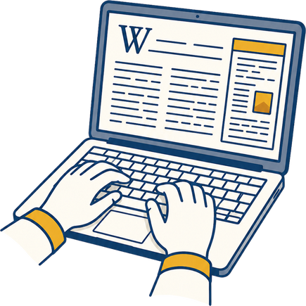 Illustration of hands editing a Wikipedia article on a laptop, representing professional Wikipedia editing services