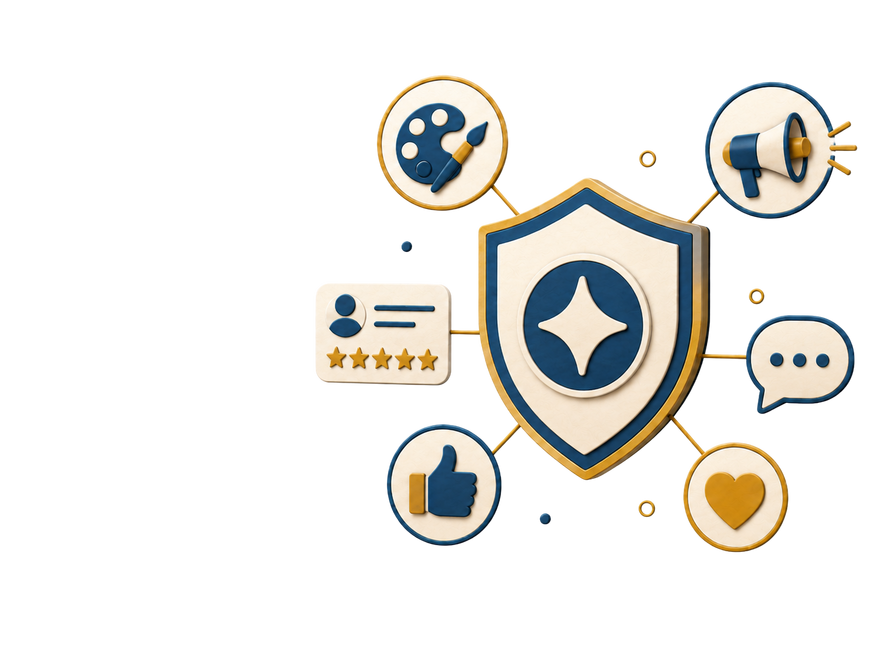 Illustration of a brand shield surrounded by reputation, rating, and communication icons representing brand management services