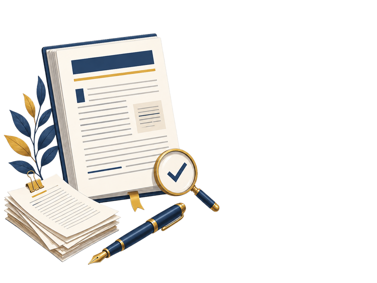 Illustration of an article document with a pen and editing marks representing professional content writing services