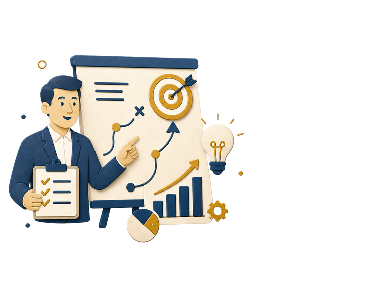 Illustration of a marketing advisor with a growth chart, strategy roadmap, and target representing marketing consulting services