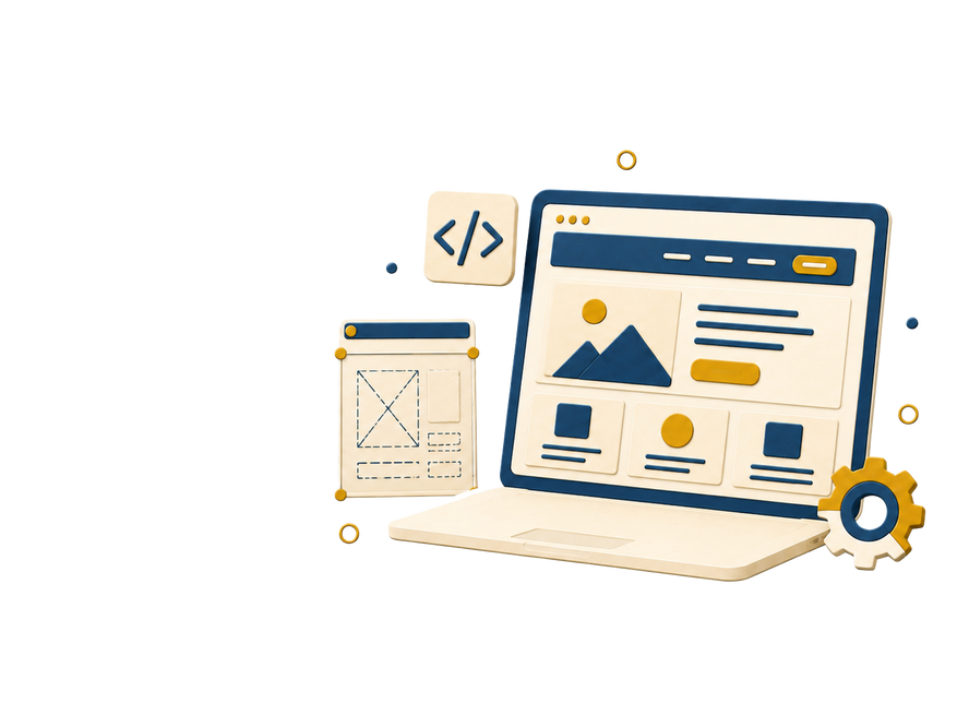 Illustration of a laptop showing a webpage layout with design and code elements representing custom website building services