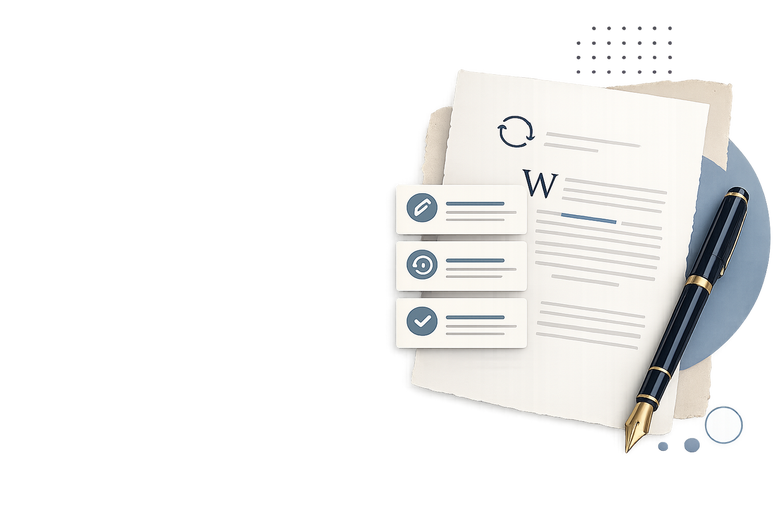 Illustration of a Wikipedia article being edited and updated with revision and approval icons