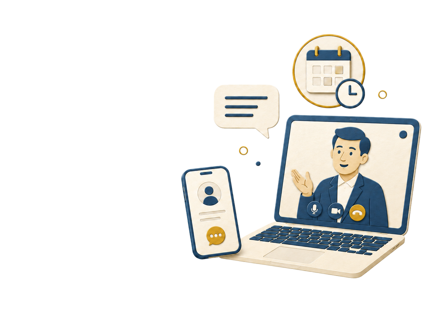 Illustration of a laptop video call, smartphone, and calendar representing a one-on-one Wikipedia consultation