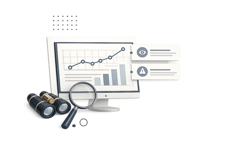 Illustration of a monitor with page activity, binoculars, and a magnifying glass representing Wikipedia page monitoring