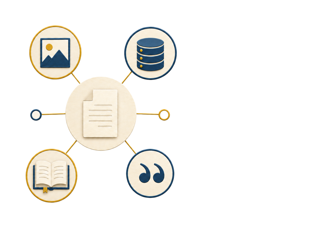 Illustration of connected icons for structured data, images, quotations, and books representing Wikimedia services beyond Wikipedia