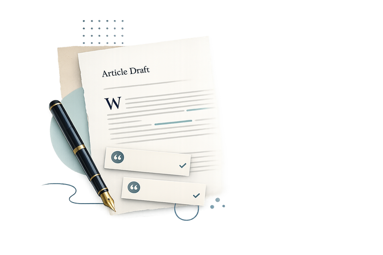 Illustration of a Wikipedia article draft with references, a fountain pen, and a notability checklist representing Wikipedia page creation