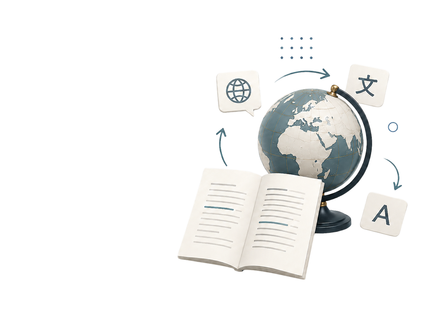 Illustration of a globe, open book, and language characters representing Wikipedia page translation into multiple languages