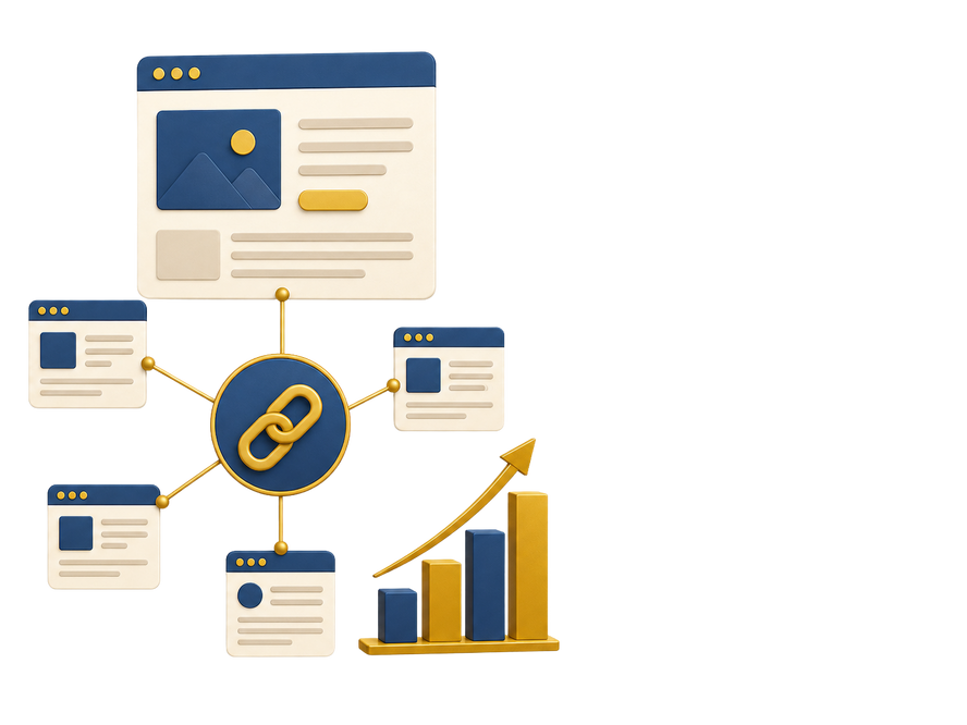 Illustration of connected websites linked together with a rising chart representing backlink acquisition training