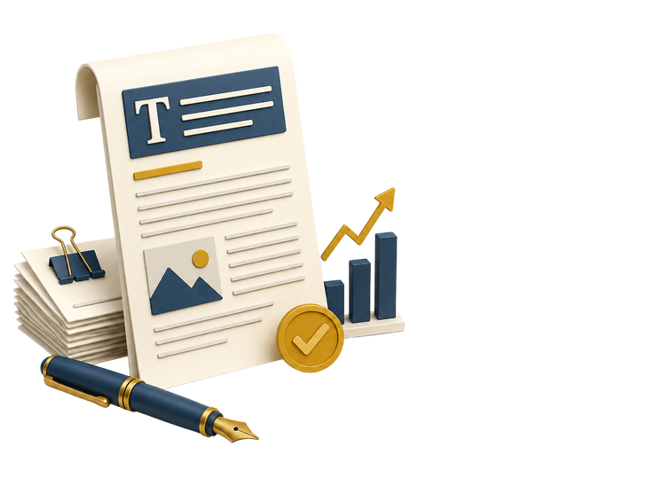 Illustration of an article document with a fountain pen and rising chart representing content writing training