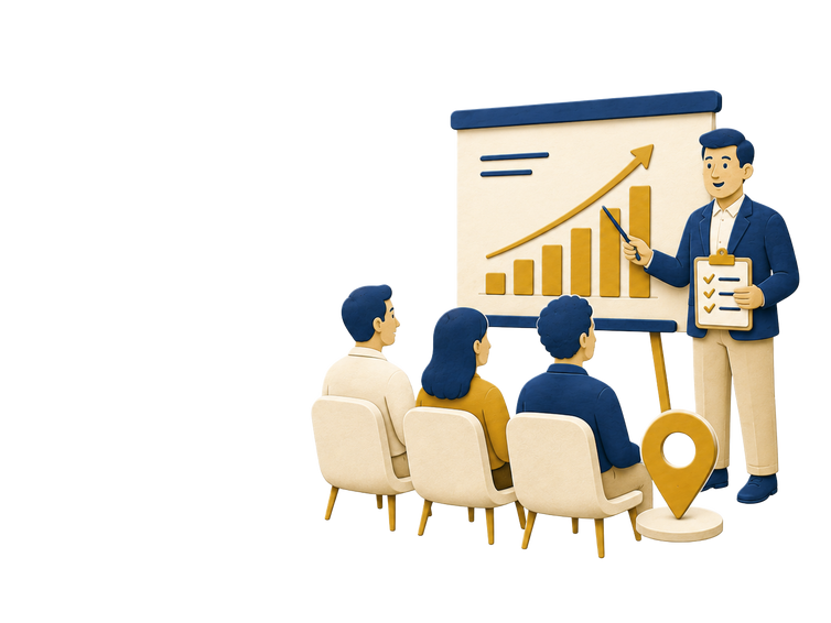 Illustration of a trainer presenting to a group beside a chart representing on-site marketing training