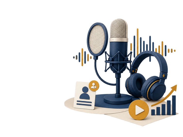 Illustration of a studio microphone, headphones, and audio waveform representing podcast masterclass training