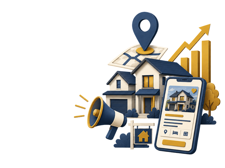Illustration of a house with a location pin, megaphone, and growth chart representing digital marketing training for real estate agents