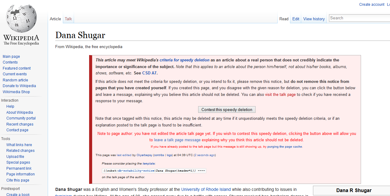 Wikipedia speedy deletion tag