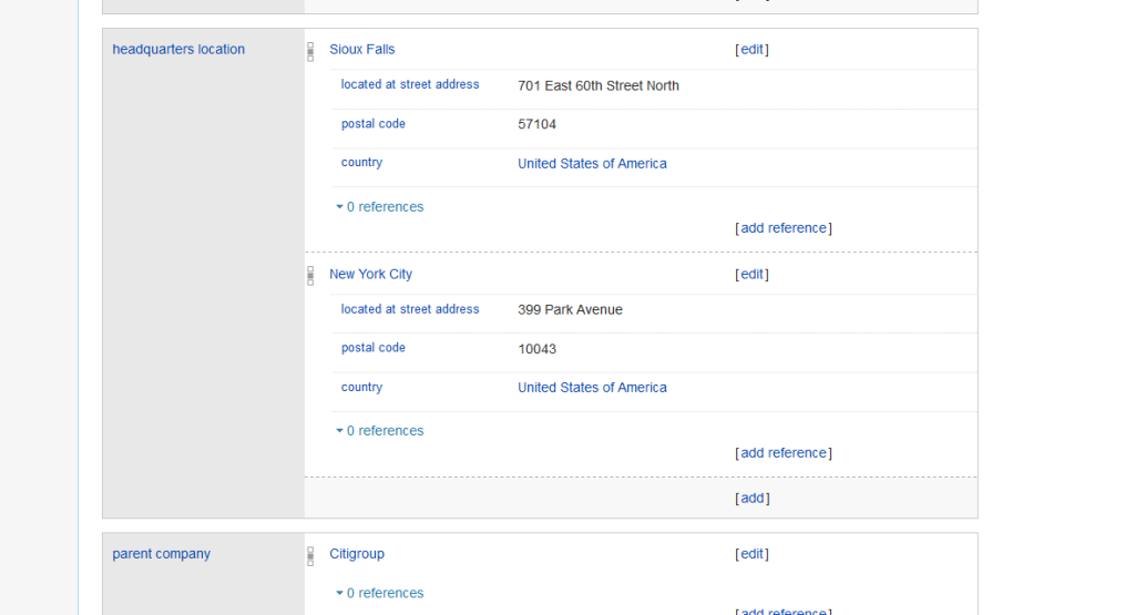 Citibank Wikidata Entry Address