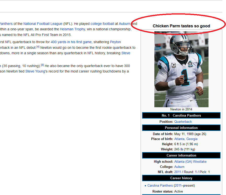 Of course someone had to reference Manning. Thanks to his endorsement success of a certain insurance company, Manning's "chicken parm tastes so good" theme became Cam's new nickname.