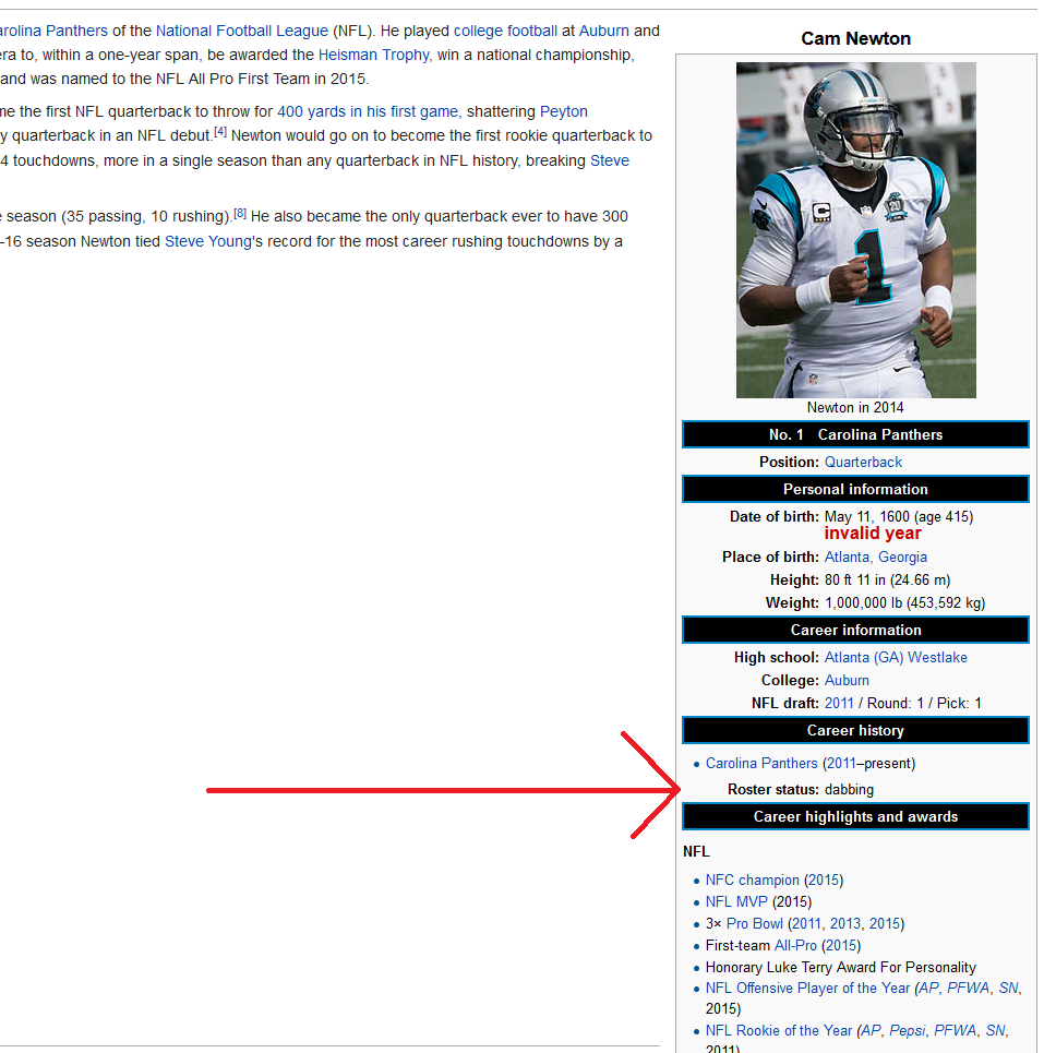 Cam Newton's profession changed to "dabbing." The reference is to the dance he did all year after scoring a touchdown. He had a chance to perform the dance 45 times during the regular season.