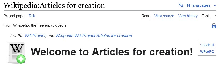Screenshot of Wikipedia's Articles for Creation wizard