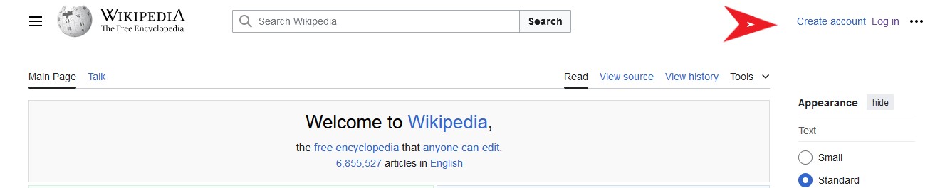 Screenshot showing how to create a Wikipedia account
