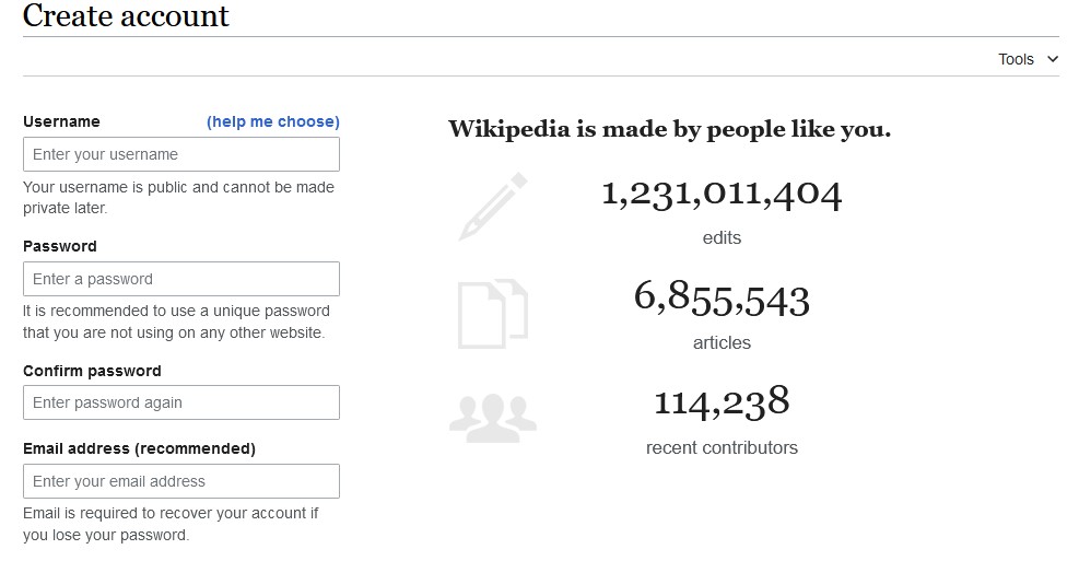 Screenshot showing Wikipedia username and password creation form