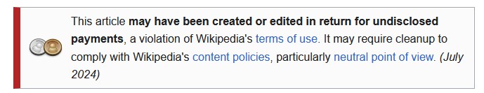 Wikipedia undisclosed paid editing warning tag displayed on article