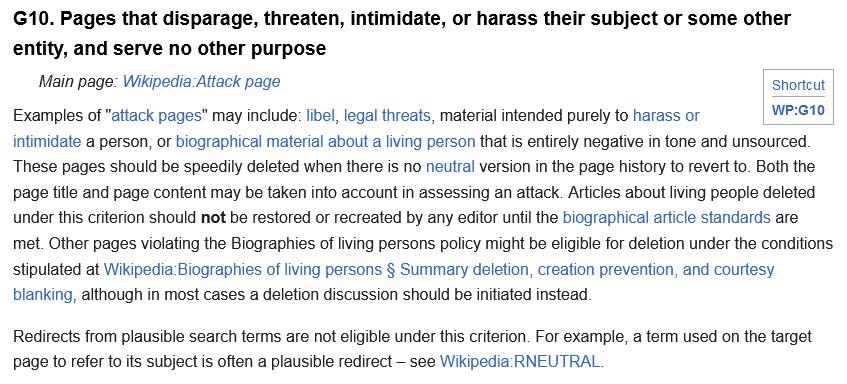 Screenshot of Wikipedia guidelines related to biographies and deletion.
