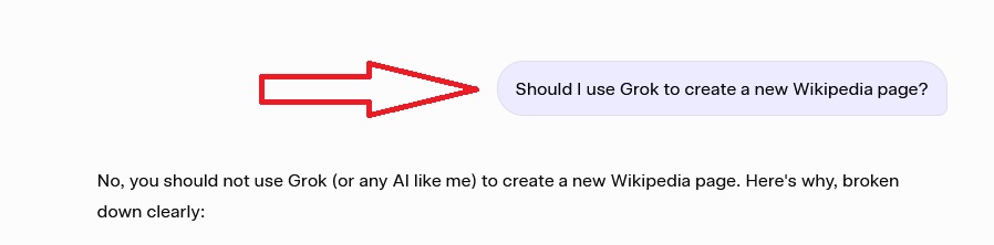 Grok does not recommend itself for Wikipedia page creation